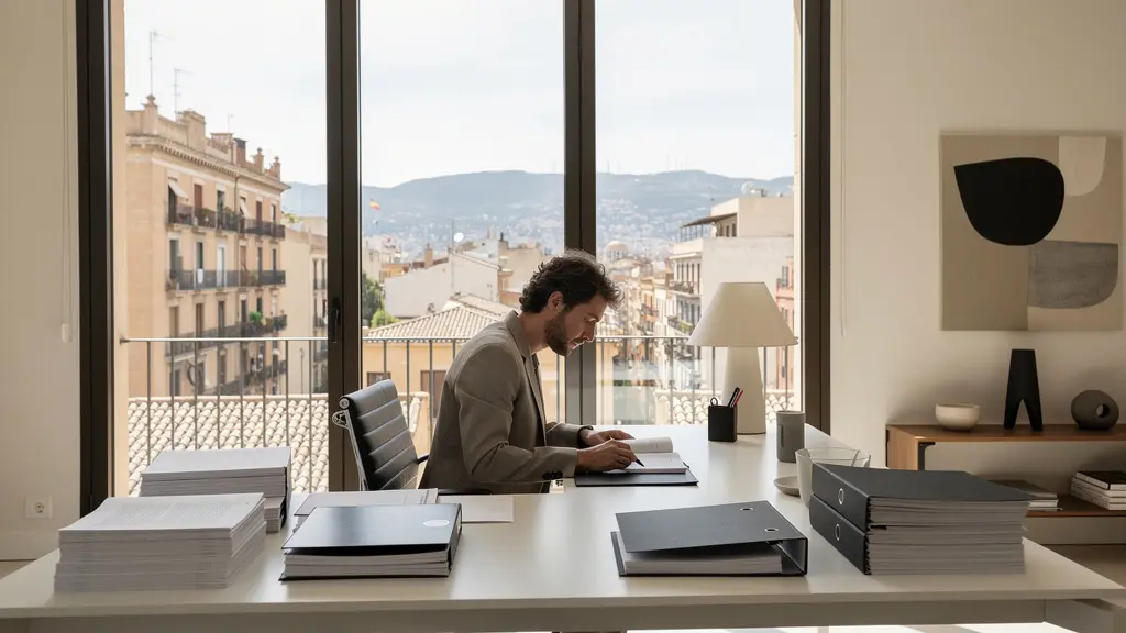 Agente literario profesional evaluando manuscritos en su oficina editorial con luz natural