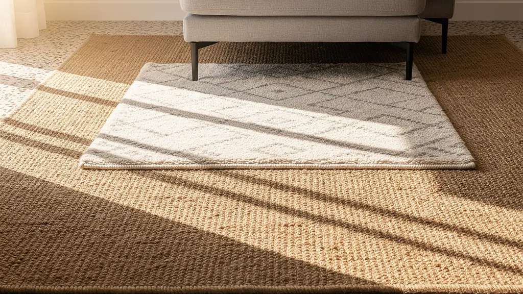 Técnica de superposición de alfombras bajo sofá chaise longue sobre suelo de terrazo