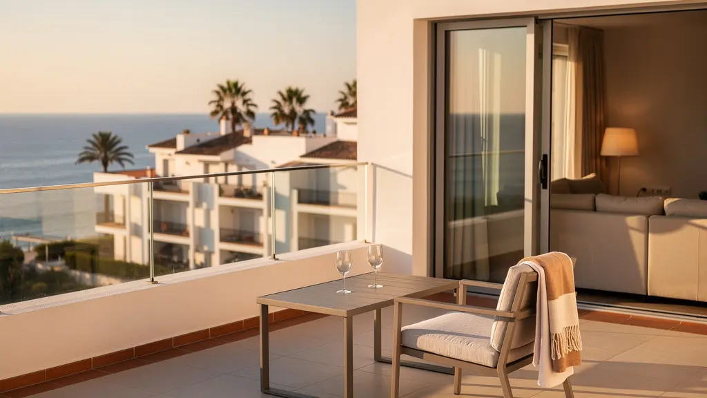 Vista amplia de apartamento costero con terraza y vistas al mar Mediterráneo