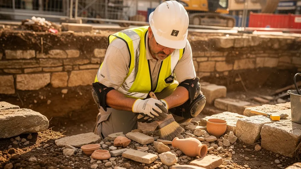 Arqueólogos documentando cuidadosamente restos romanos en una excavación urbana