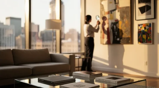 Vista panorámica de un salón moderno con obras de arte enmarcadas e iluminación cálida