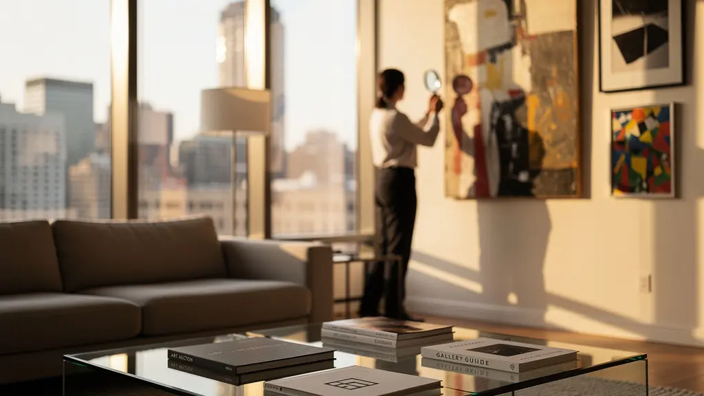 Vista panorámica de un salón moderno con obras de arte enmarcadas e iluminación cálida