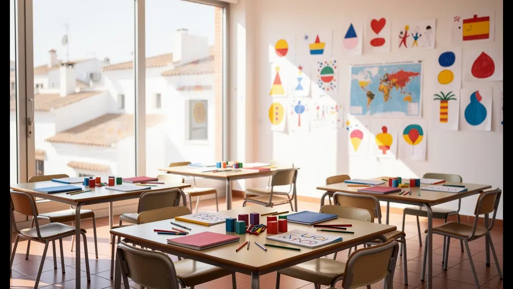 Niños de diferentes orígenes en un aula española con materiales educativos multilingües