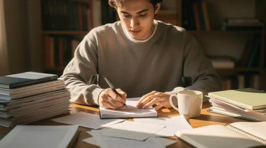 Escritor novel trabajando en manuscritos rodeado de libros y café en una mesa de trabajo iluminada