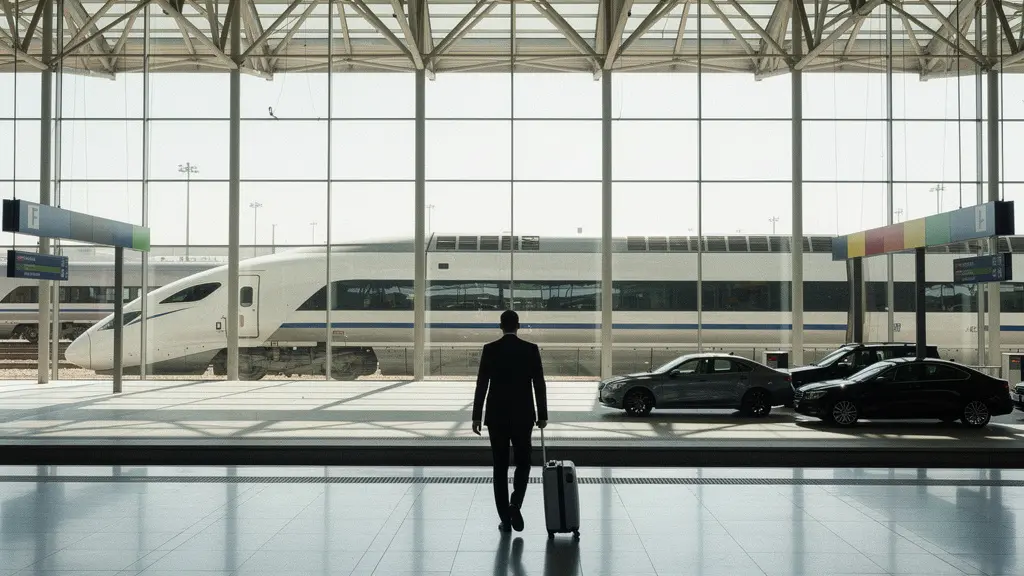 Tren AVE y coche de alquiler premium en estación moderna de tren para viajes de negocios