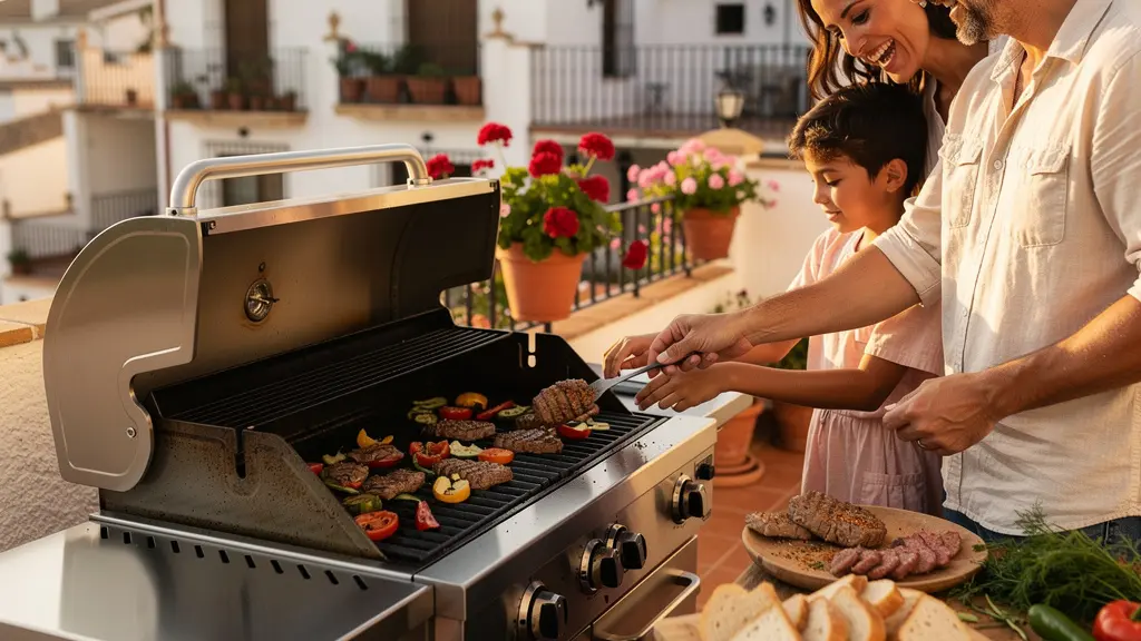 Barbacoa de gas moderna en terraza española con vista mediterránea
