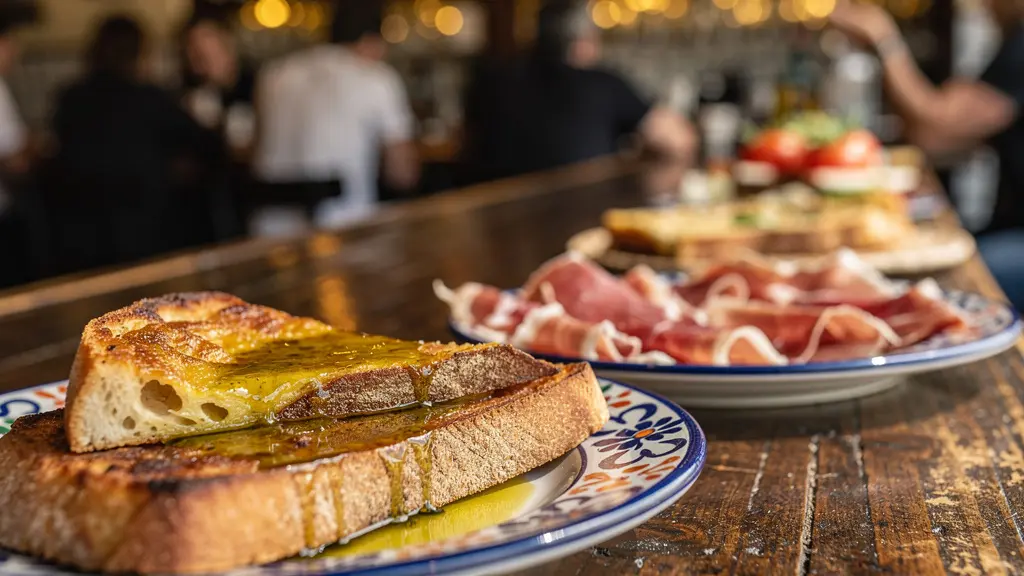 Barra de bar español tradicional con tapas variadas y ambiente local auténtico