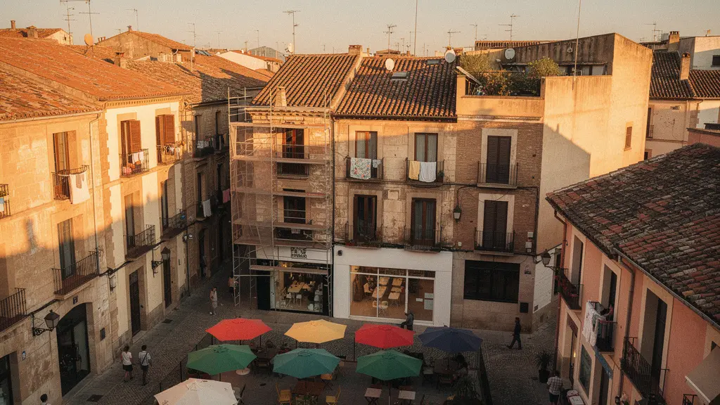 Vista aérea contrastante de un barrio histórico español con terrazas bohemias y edificios modernistas durante la hora dorada