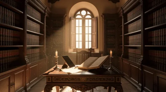 Interior de biblioteca antigua con libros centenarios y documentos históricos sobre mesa de madera, simbolizando la herencia cultural y las obligaciones patrimoniales