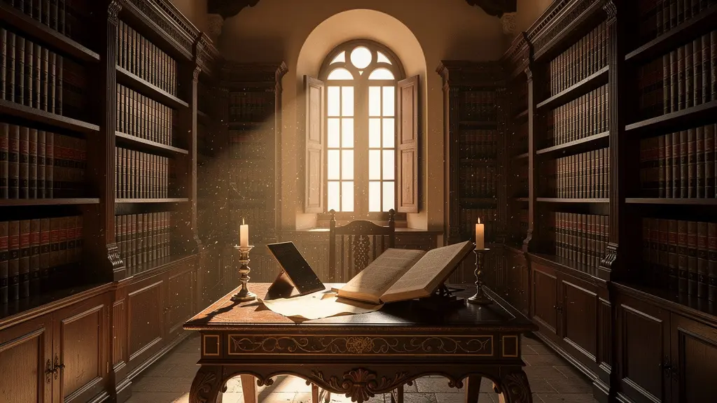 Interior de biblioteca antigua con libros centenarios y documentos históricos sobre mesa de madera, simbolizando la herencia cultural y las obligaciones patrimoniales
