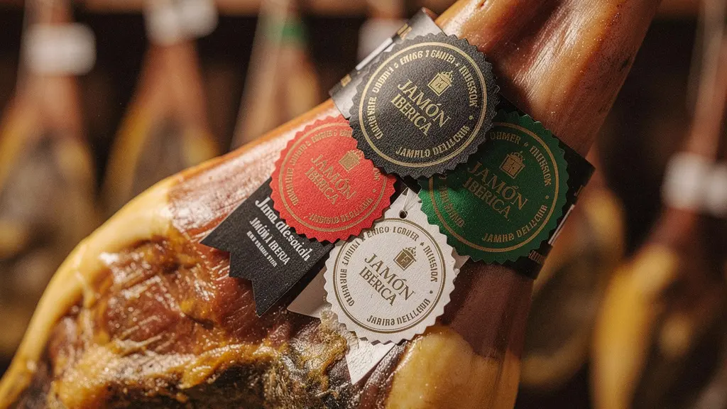Jamón ibérico de bellota con bridas de colores indicando su calidad y origen