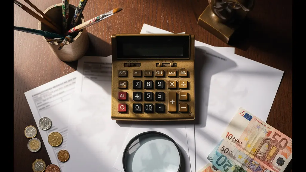 Mesa de trabajo con calculadora, documentos fiscales y pequeña escultura artística