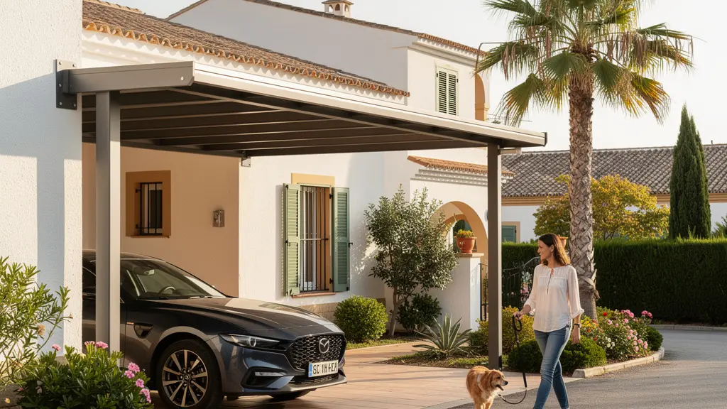 Carport de aluminio adosado fijado a fachada de vivienda unifamiliar española