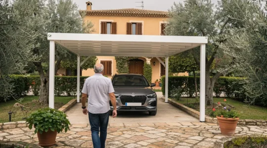 Carport de aluminio termolacado protegiendo vehículo en jardín residencial mediterráneo español