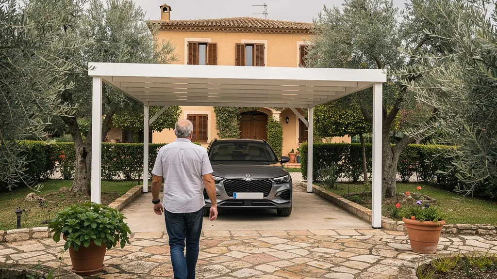 Carport de aluminio termolacado protegiendo vehículo en jardín residencial mediterráneo español