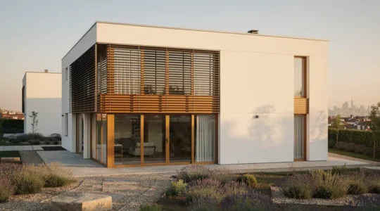 Vivienda passivhaus moderna con orientación sur en Madrid, mostrando elementos de protección solar y eficiencia energética