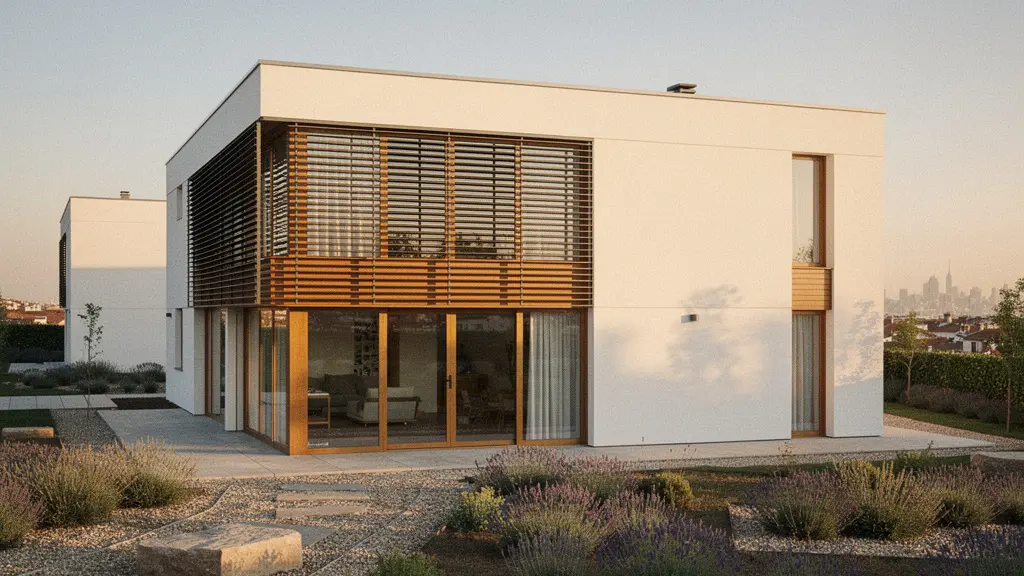 Vivienda passivhaus moderna con orientación sur en Madrid, mostrando elementos de protección solar y eficiencia energética