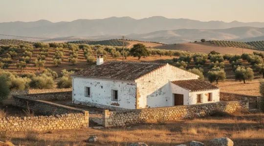 Vivienda rural típica andaluza con olivares al fondo en proceso de legalización