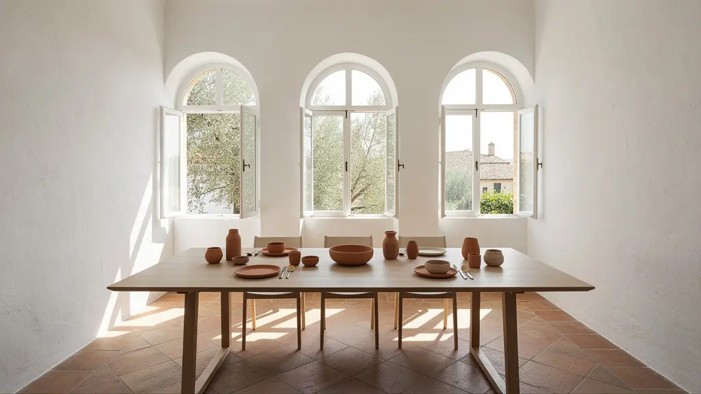 Mesa elegante con vajilla de cerámica artesanal española en ambiente mediterráneo