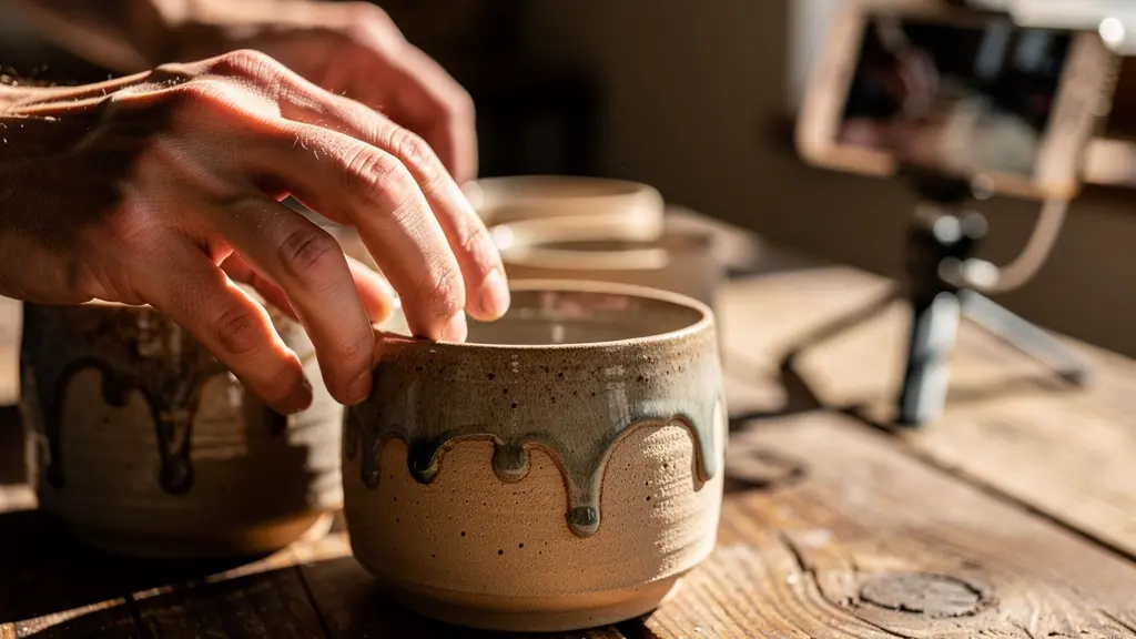 Manos de ceramista fotografiando tazas artesanales con luz natural para Instagram