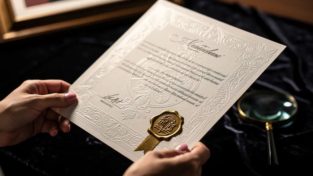 Primer plano de manos examinando un certificado con sello oficial y obra de arte al fondo