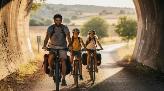 Familia con niños pedaleando por una vía verde rodeada de naturaleza en España