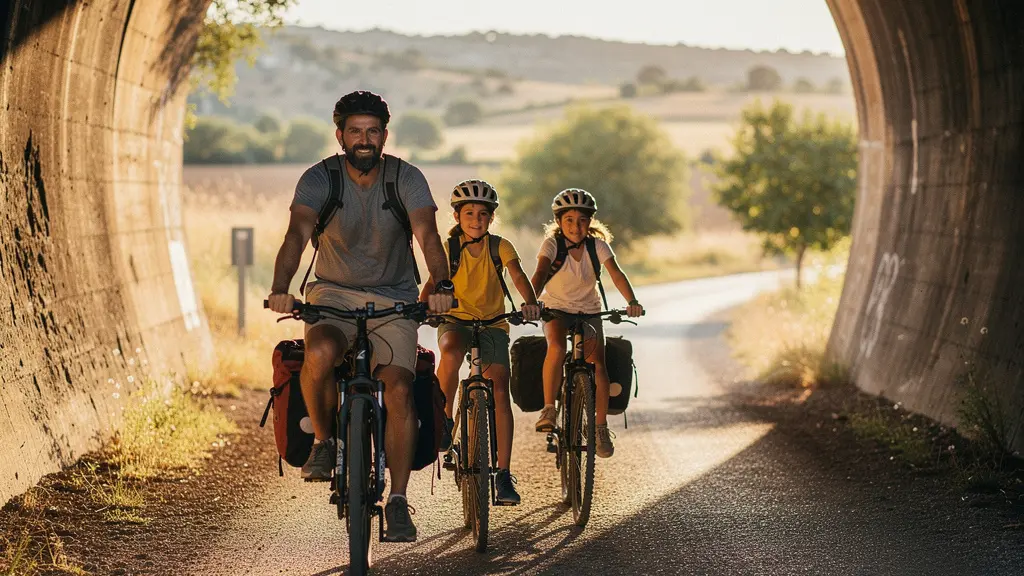 Familia con niños pedaleando por una vía verde rodeada de naturaleza en España