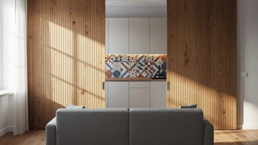 Salón moderno con cocina oculta tras paneles correderos de madera natural