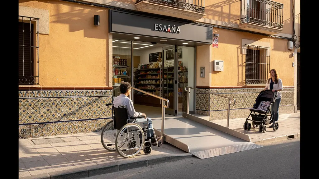 Entrada de tienda española accesible con rampa, espacio amplio y cliente con movilidad reducida entrando cómodamente
