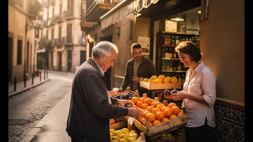 Frutería tradicional en el barrio de Gràcia con vecinos comprando productos locales