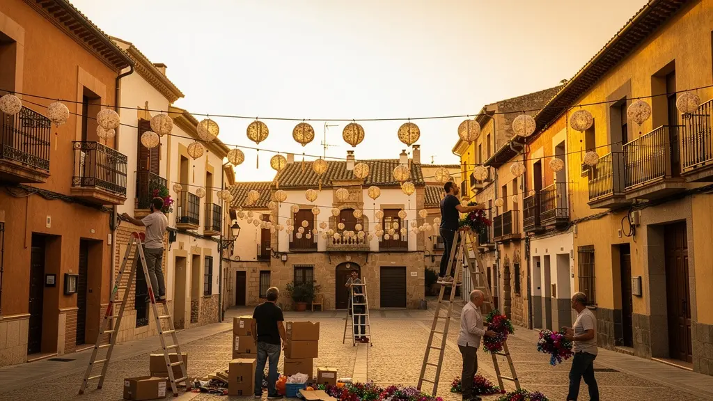 Grupo de vecinos montando decoraciones para las fiestas del barrio