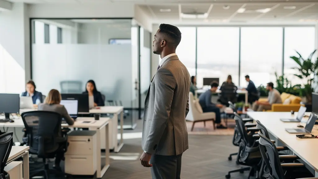 Vista comparativa de un espacio de oficina tradicional y un espacio de trabajo flexible moderno