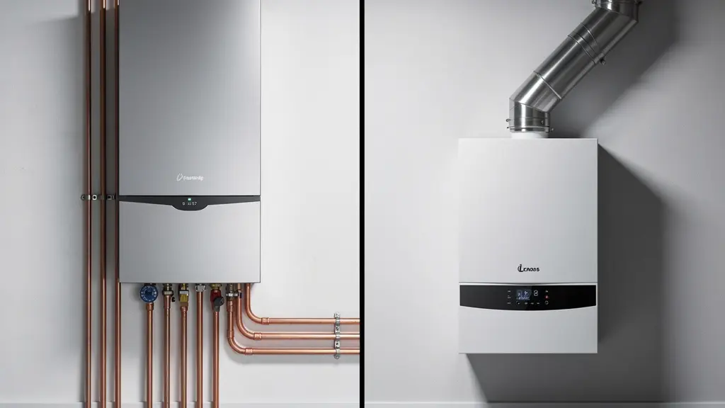 Comparación visual entre bomba de calor moderna y caldera de condensación en instalación residencial