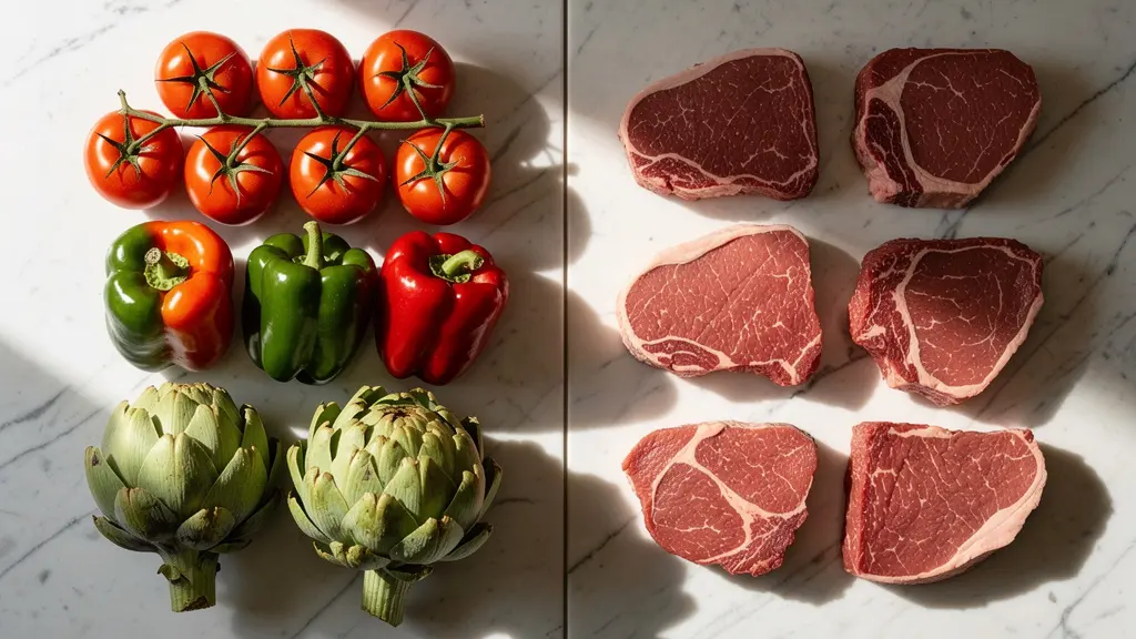 Composición fotográfica mostrando alimentos locales españoles frescos junto a productos cárnicos en una balanza simbólica