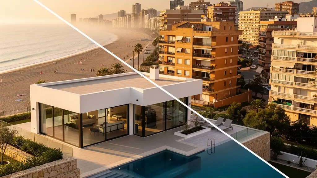 Comparación visual de zonas de inversión en la costa española: una villa de lujo frente a un edificio de apartamentos tradicional.