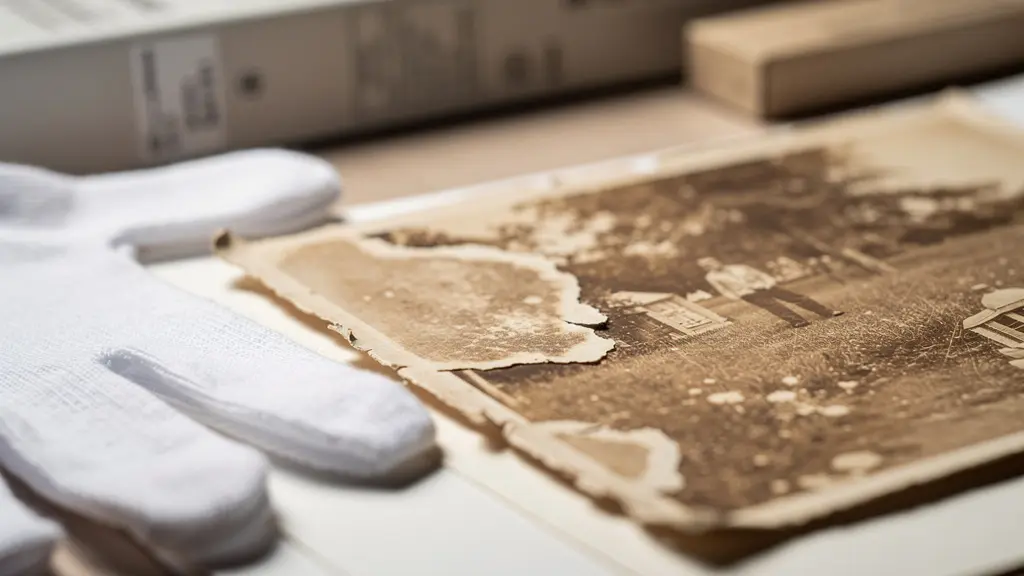 Detalle macro de fotografía antigua mostrando efectos de humedad y deterioro en los bordes, con materiales de conservación profesionales