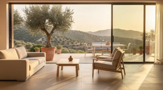 Transición fluida entre salón y terraza con pavimento porcelánico continuo