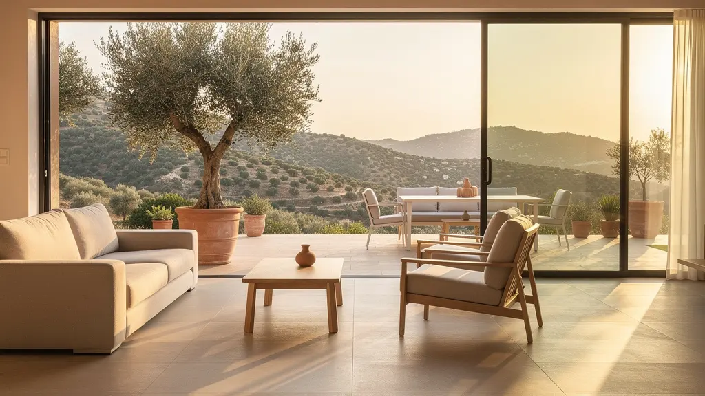 Transición fluida entre salón y terraza con pavimento porcelánico continuo