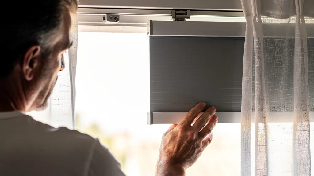 Propietario deslizando panel de contraventana corredera de aluminio desde interior