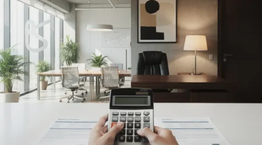 Profesional autónomo comparando espacios de trabajo con calculadora y documentos fiscales