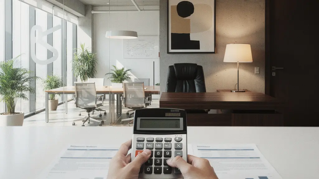 Profesional autónomo comparando espacios de trabajo con calculadora y documentos fiscales