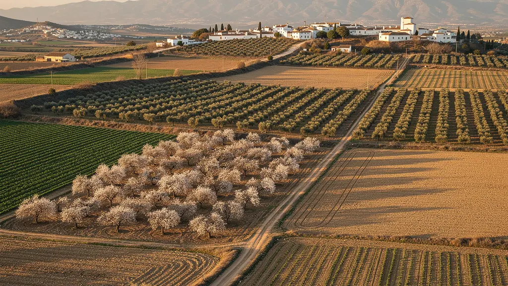 Vista aérea de diferentes cultivos rentables en finca andaluza
