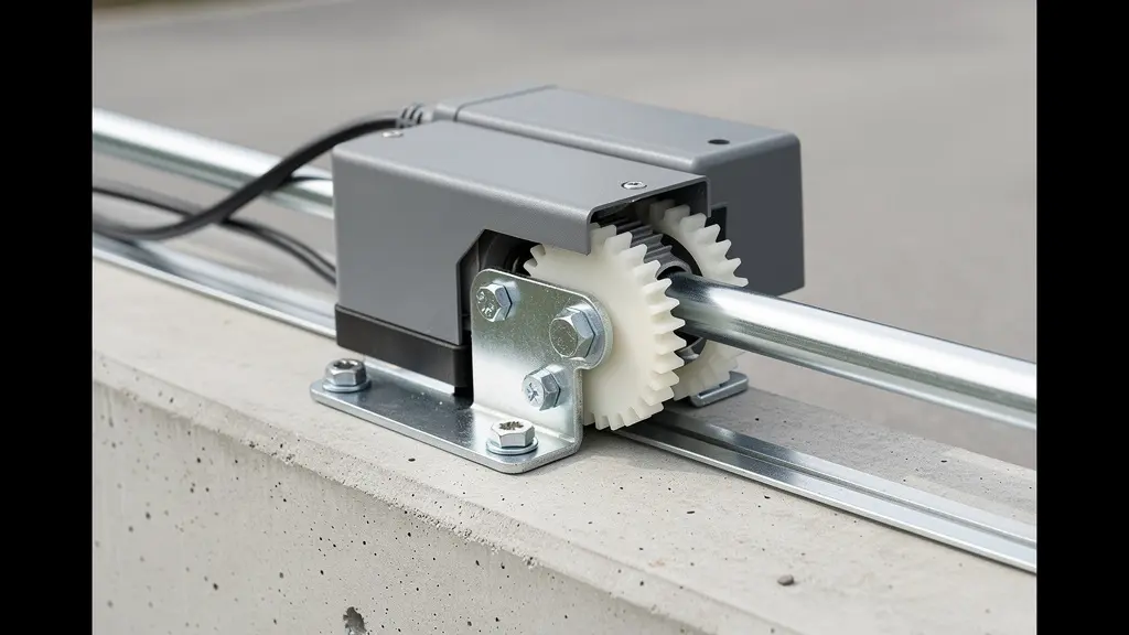Detalle técnico de motor y cremallera de nylon en mecanismo de puerta corredera automatizada