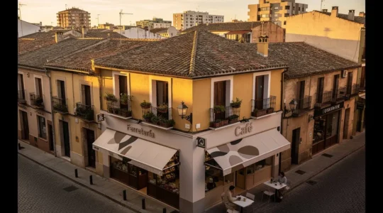 Vista aérea de un barrio español en transformación mostrando contraste entre edificios tradicionales y nuevas cafeterías de especialidad