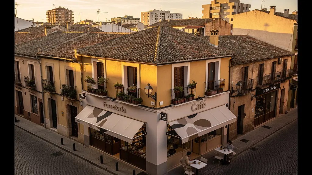 Vista aérea de un barrio español en transformación mostrando contraste entre edificios tradicionales y nuevas cafeterías de especialidad