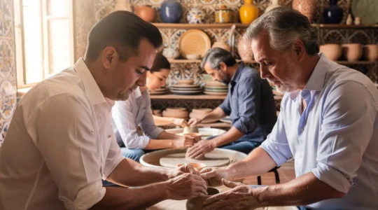 Ejecutivos en taller de cerámica concentrados en el torno alfarero