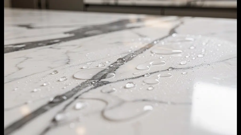 Detalle macro de encimera de mármol Macael con vetas grises naturales en cocina de diseño
