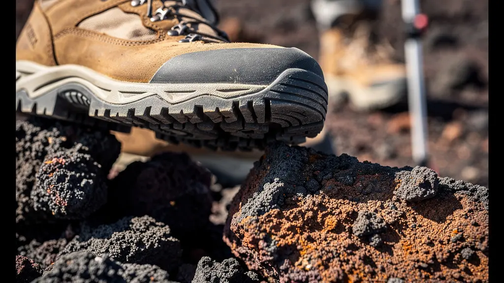 Detalle de botas de montaña y bastones sobre roca volcánica