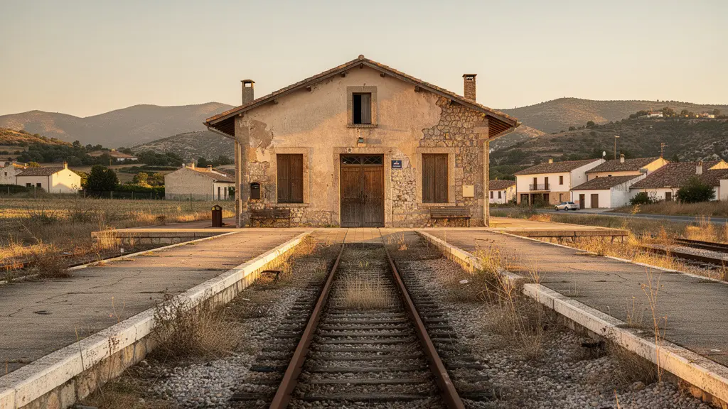 Pequeña estación de tren abandonada en un pueblo de la España rural con montañas al fondo
