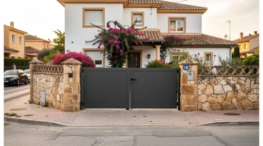 Puerta batiente exterior de aluminio en fachada de vivienda mediterránea